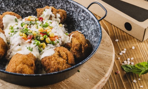 Rántott vegyes zöldségek tartármártással zöldséges párolt rizzsel